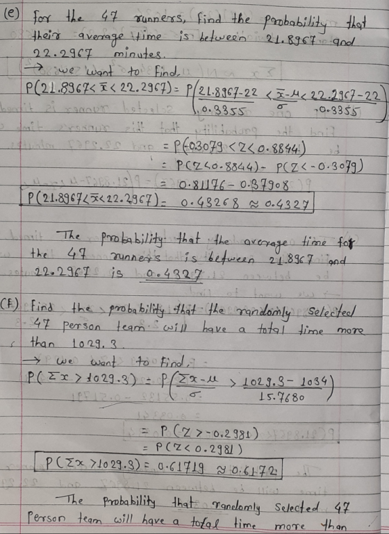 (e) for the 47 vunners, find the probability that their average time is between 21.8967 io and 22.2907 minutes. we want to fi
