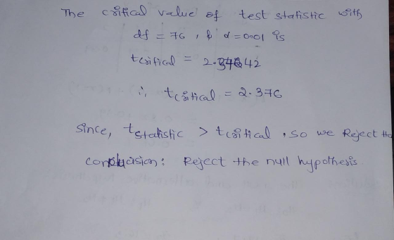 The with critical value of test statistic df = 76, 8 d = onol is teritical = 2.84642 o testical = 2.376 since, statistic conc