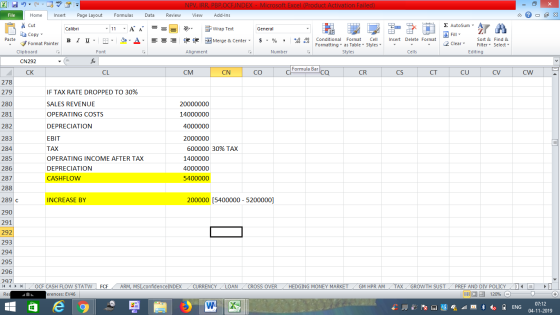 NPV, IRR, PBP,OCF, IN DEX - Microsoft Excel (Product Activation Failed) File Home Insert Page Layout Formulas Data Review Vie
