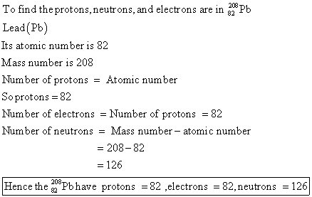 To find the protons,neutrons, and electrons are in 80 Pb Lead (Pb) Its atomic number is 82 Mass number is 208 Number of proto