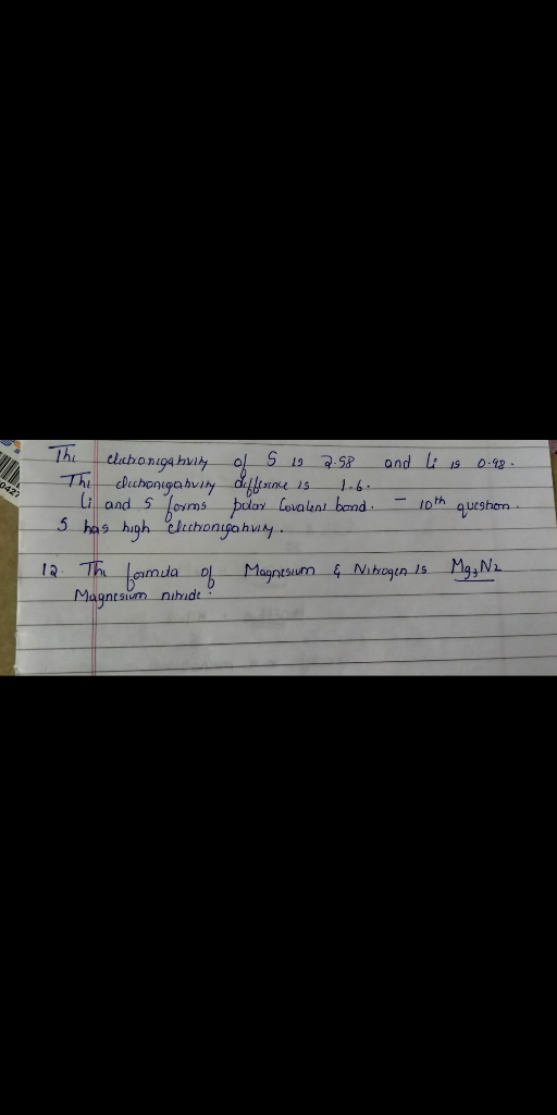 The clatoniga bully of 5 19 2.98 and li is 0.98. The cochoniga nuity difference is_16. li and s forms polar Covalent bond. -