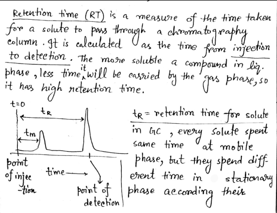 gas phase, so Retention time (RT) is a measure of the time taken for a solute to, paus through a chromatography column. It is