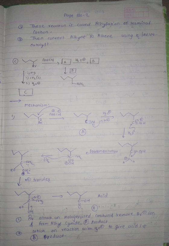 PAGE NO og Page no-2 DATE These reaction is called Alkylation of terminal carbona Alkyne to Alkene using the pript Then conve