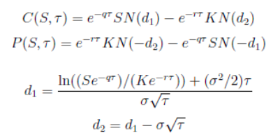 C(S,T) = -9SN(di) - e-KN(d) P(S,T) = e-KN(-d2) - e-9 SN(-41) di In((Se 9+)/(Ke--))+((2/2)T OV da = d; -ovi