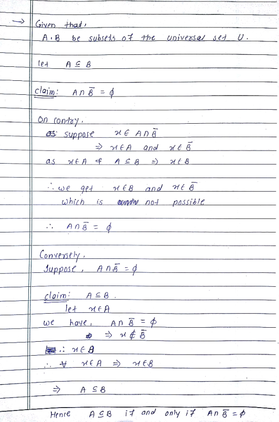 > Il Given that LAIB be subsets of the universal set u. let Hсв. I claim: An B = 0 On condoy o suppase 346 ADĀ - HEA and at ē