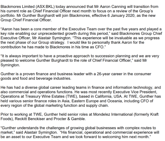 Blackmores Limited (ASX:BKL) today announced that Mr Aaron Canning will transition from his current role as Chief Financial O