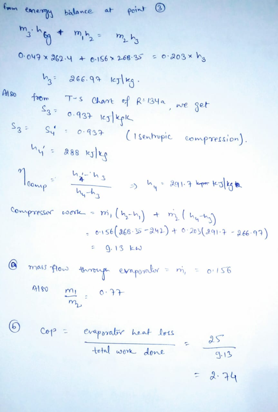 from energy on energy balance at point ③ Oo99 x 262,4 + - S6 * 2-68-35 : 0203 x 3 uz 266.97 leging. Also from Tos Chant of R