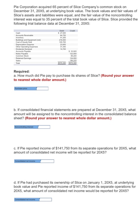 Pie Corporation acquired 65 percent of Slice Companys common stock on r 31, 20X5, at underlying book value. The book values