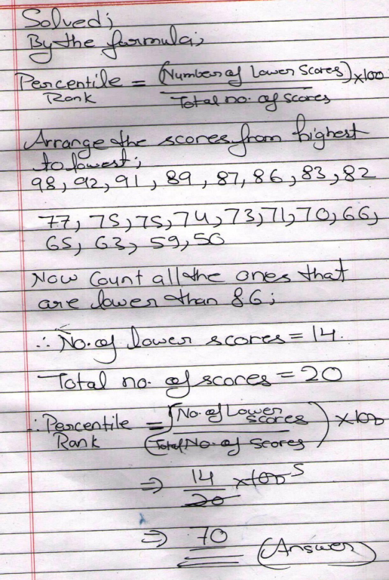 Solvedi Rank By the formulas Percentile - Number of Lower Scores) xlor Total no og scores Arrange the so to lowest 98,92,91,