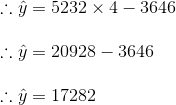 \\\therefore \hat{y} = 5232\times 4 - 3646\\\\ \therefore \hat{y} = 20928 - 3646\\\\ \therefore \hat{y} = 17282