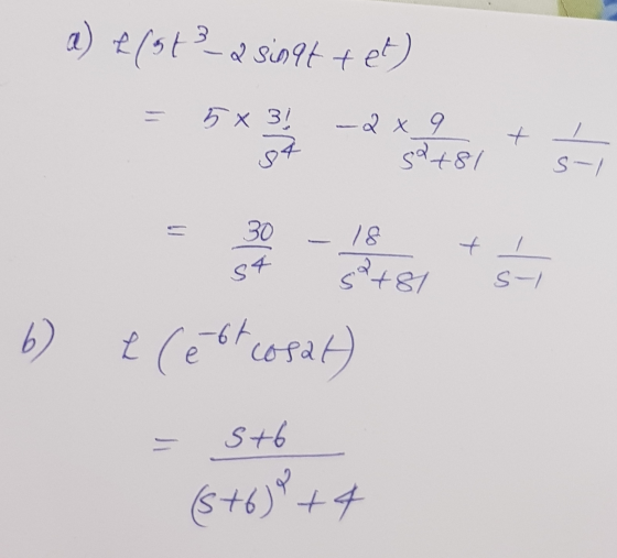 a) & (st3_2 sinat tet) 5x 31 94 2 x 9 sa+81 + -ی S/ - 30 t 18 39+81 SA s-/ 6) ce -6t cosa e S+6 (8+6)² + 4