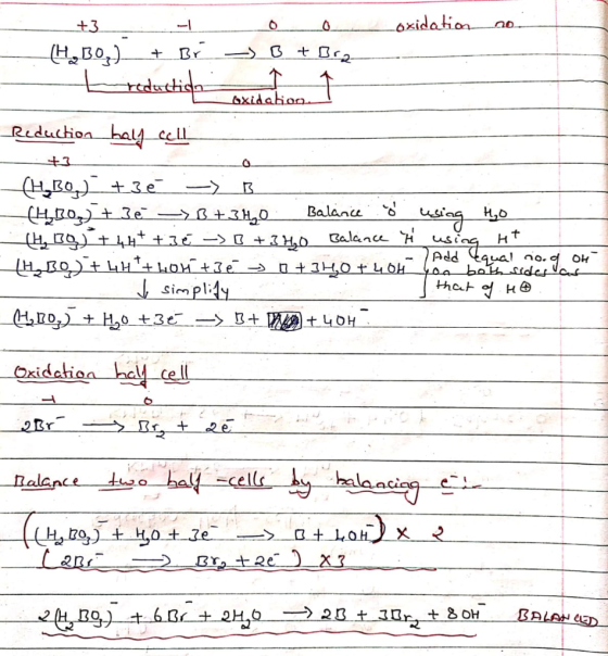 oxidation no. + - (HBO) + Br o o B + Bra - Í oxidation Reduction baly cell (HBO) + 3 é - B _(1480) + 3e > B+31,0 Balance 3 us