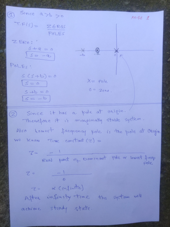 Since ayb yo PAGE 1 T.FIS)= ZEROS POLES ZERO: stazo {s= POLES: ses+b=0 ?s=0 X = pole o = Zeko stb =0 Isa-b it has Since a pol