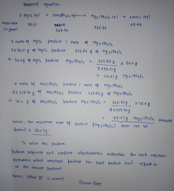 Balanced equation. + 2N03(PO4)2 lag) 1993 (P04/2 181 + 6Nocl lag! 3 MgCl2 (aq) molar meu 95.21 linglmoll 58.44 nawag 259.90 2