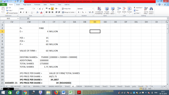 - 2x Σ AutoSum : A OPTIMAL RISKY PORTFOLIO VC AMORT SINKING JORDAN - Microsoft Excel (Product Activation Failed) File Home In