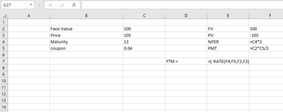 G27 100 105 Face Value Price Maturity coupon FV PV NPER PMT 100 -105 =C4*2 =C2*C5/2 0.04 YTM= =(-RATE(F4,F5,F2, F3)