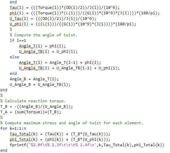 end Tau(i) (((Torque (i))* (OD(i)/2))/3(i))/(10*6); phị(1) (((Torque(i))*(L(1)))/((6(İ))*(10^9)*(J(İ))))*(180/pi); U-Tau(1) =