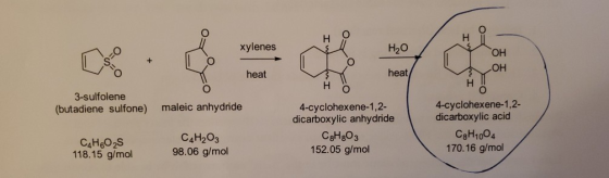 H H xylenes H₂O OH ОН heat heat H H 3-sulfolene (butadiene sulfone) maleic anhydride 4-cyclohexene-1,2- dicarboxylic anhydrid