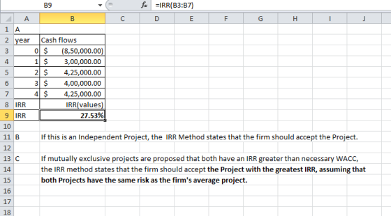 EIRR(B3:37) D E Α B C F G H I J 4 1 A 2 year Cash flows 0 $ (8,50,000.00) 1 $ 3,00,000.00 21 $ 4,25,000.00 3 $ 4,00,000.00 4