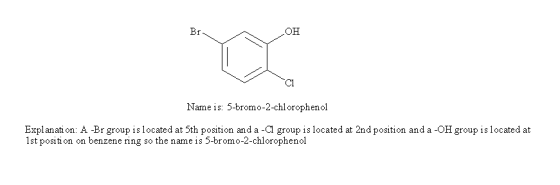 OH Cl Name is: 5-bromo-2-chlorophenol Explanati on: A -Br group is located at 5th position and a -Cl group is located at 2nd