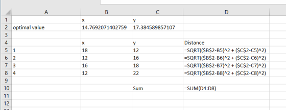 в с р 2 optimal value 14.7692071402759 17.384589857107 Distance =SQRT(($B$2-B5)^2 + ($C$2-C5)^2) =SQRT($B$2-B6)^2 + ($C$2-C6)