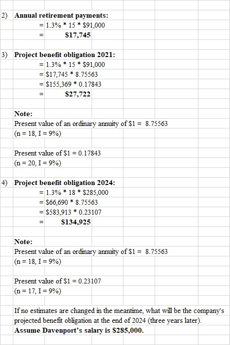 2) Annual retirement payments: = 1.3%* 15 * $91,000 = $17,745 3) Project benefit obligation 2021: = 1.3%* 15 * $91,000 = $17,