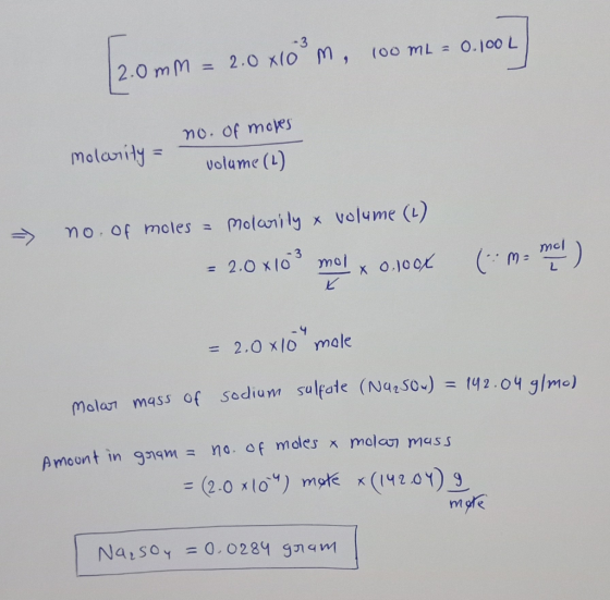 m, 100 mL = 0.100L 12.0mm = 2.0x10 molwrity = I no. of mores volume (4) - no. of moles = molarily & volume (1) = 2.0 x109 mol