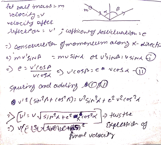 wo let ball massam velocity av velocity after rejection cofticenty Sesvetuertion ze :) conservention of momentum along x-dire