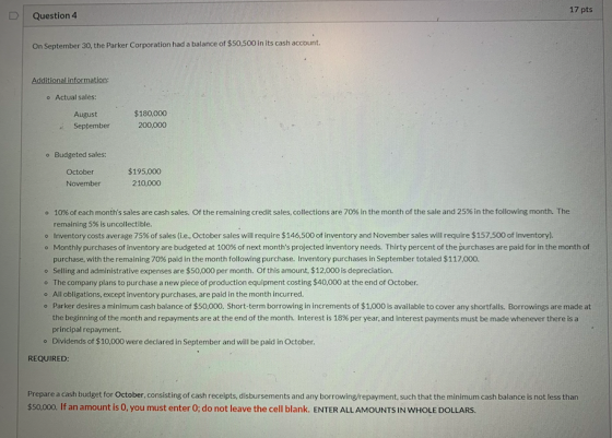 Question 4 17 pts On September 30, the Parker Corporation had a balance of $50,500 in its cash account. Additional informatio