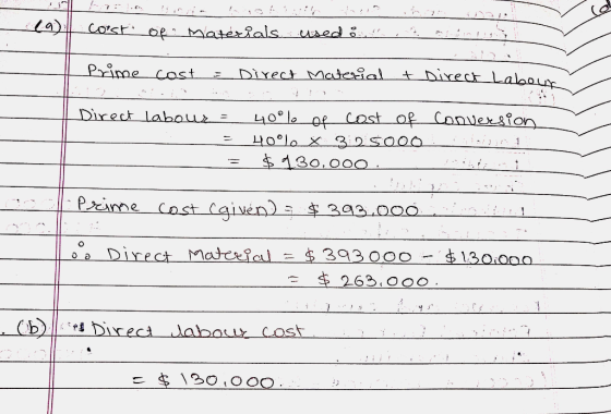 Corst of materials used in the Prime cost = Direct Material & Direct Labour Direct labour = 40°% of cost of Conversion __= 40