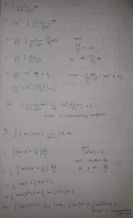 3. 5-3x2 11 put بان 02 V3 12 a 2 1 at 11 Since simz +6 t sin ve + c Inc So. de a a Sin + С. 5-3x2 where es Integrating const