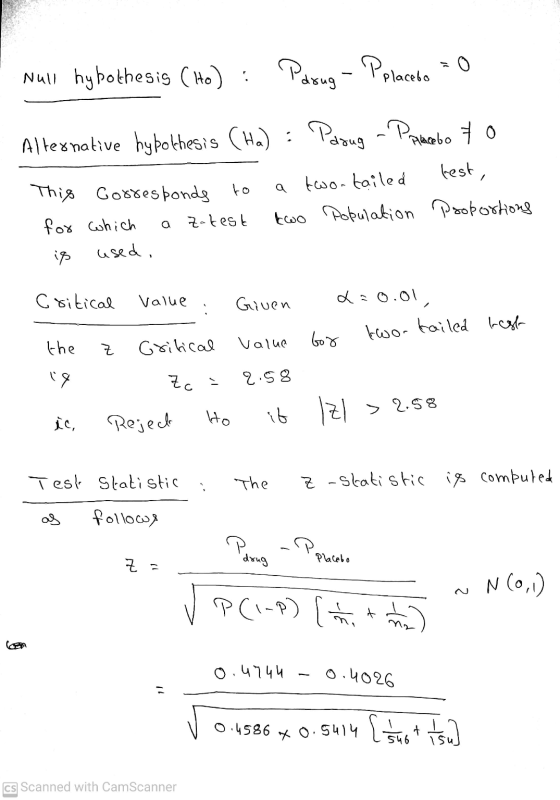 Null hypothesis (Ho) Pdsug - Pplacebo = 0 Alternative hypothesis (Ha) : Pasug - Poplacebo to test, This corresponds to for wh