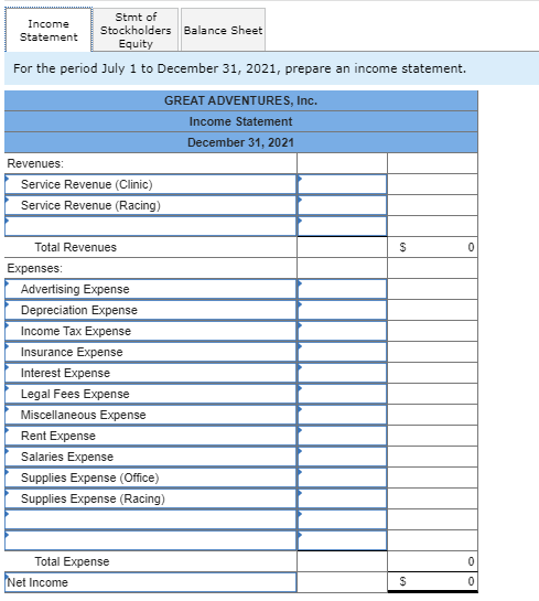 Income Statement Stmt of Stockholders Balance Sheet Equity For the period July 1 to December 31, 2021, prepare an income stat