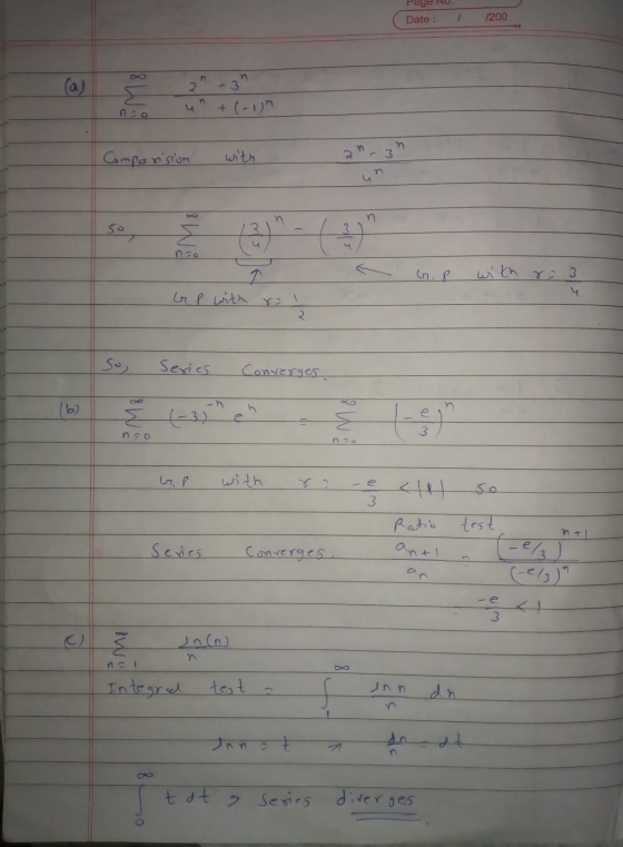 Page No. Date : 1 1200 (a) n 2. 3 + (-1) n u Comparision with u n n so PM8 4 with ro 3 T L P with rol so, Series Convergen n