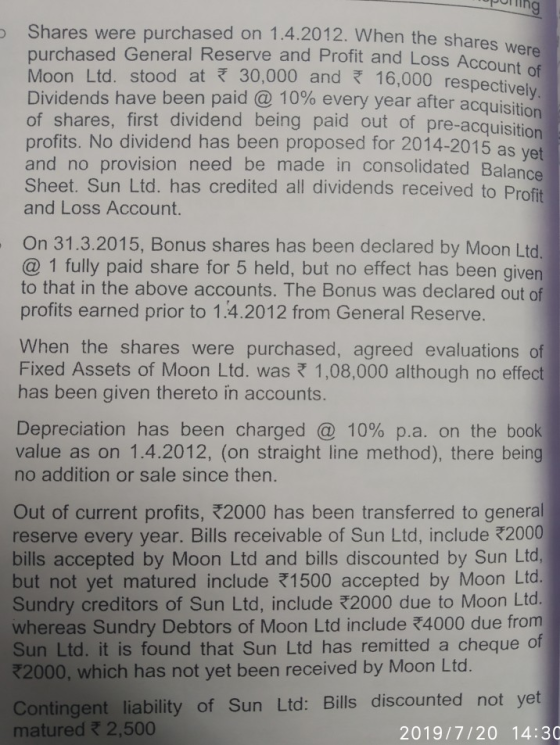 ng Shares were purchased on 1.4.2012. When the shares were purchased General Reserve and Profit and Loss Accouunt Moon Ltd. s