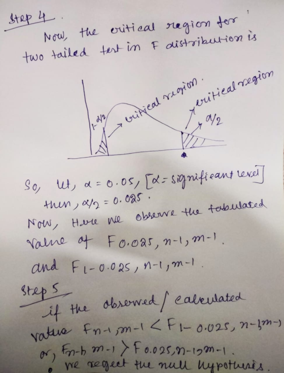 Step 4 . Now, the two tailed critical region for test in F distribution is veritical region A02 y britical region. So, let, d