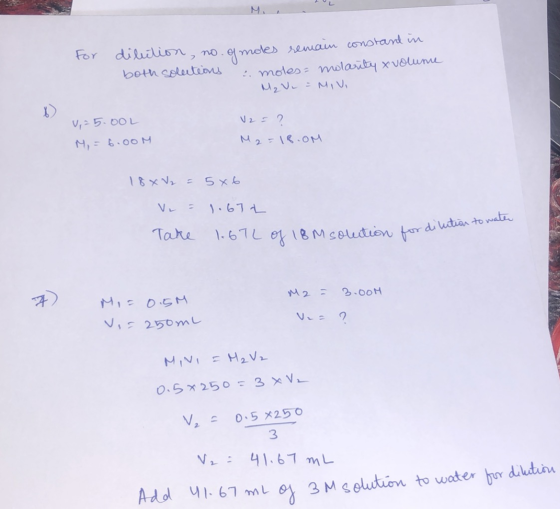 For dilection, no. of moles remain constant in both solutions & moles= molarity x volume M₂ V = MIVI V, -5.00L M = 6.oom U2 =