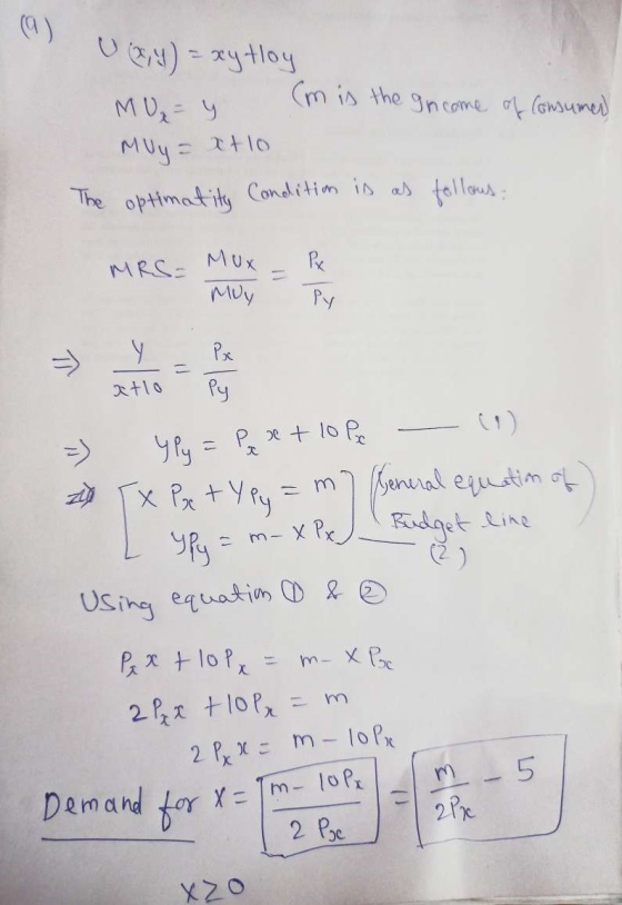 (x,y) = xytoy u-u (m is the income of consumer Muy = x tlo optimatity Condition is as The follows: MRS= Mux - Px Muy Py xtlo