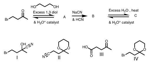 НО ОН Excess 1,3 diol NaCN А B Excess H2O, heat с & H2O+ catalyst Br 8 HCN & H3O+ catalyst OH CEN HO Br III Br NEC- IV