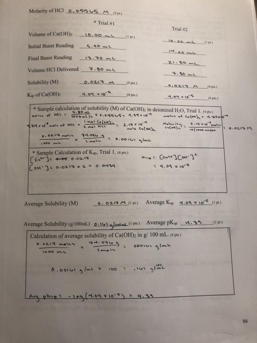 ) Molarity of HCl 0.05545 M Trial #1 Trial 2 Volume of Ca(OH)2 10.00 L ) Initial Buret Reading 5.90ml Final Buret Reading 13.