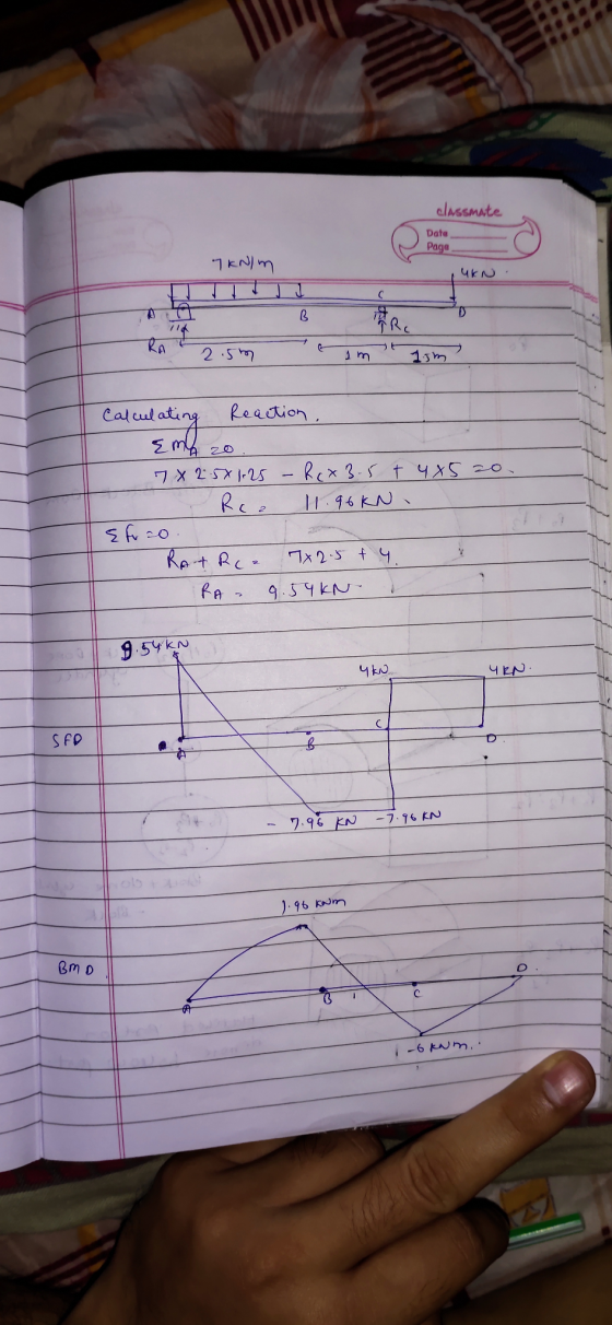 classmate Data Paga 7KN/m UKN. 2.5m 15h Calculating Reaction Ema zo 7 x 2.5x1.25 - Rex3.5+ 4x520 Rce 11.96kN. Efro. Rothco 7x