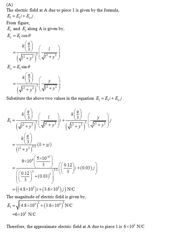 The electric field at A due to piece 1 is given by the formula, From figure, E and E, along A is given by, - Sin Substitute t