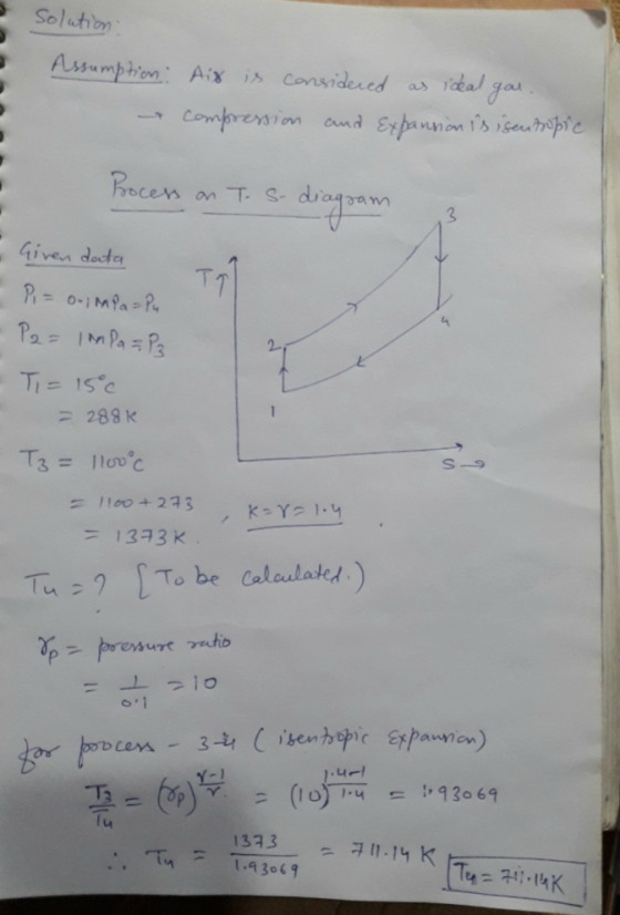 solution Assumption: Ais is considered as ideal you. compression and Expansion is i sentropic Process on TS- diagram 3 TA - G