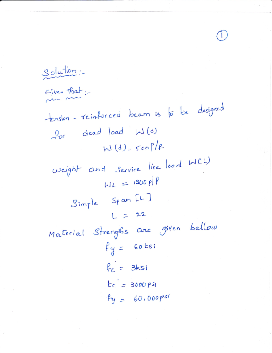 Solution Eiven That tension Teintorced beam s o be desigmd Sion - Teinfor c r deadoad l () eg and Service lire load WCL) WL 1