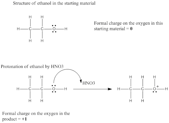 Structure of ethanol in the starting material Н Н Formal charge on the oxygen in this starting material 0 Н C H Н Protonation