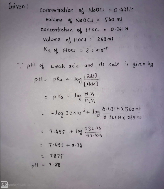 Given concentration of Nabu - 0:4311 volume of Naocu = 540 ml concentration of Hoch = 0.3619 volume of HOCA = 269 m2 Ka of Ho