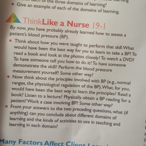 mot lang UTALII Bf the three domains of learning? Give an example of each of the domains of learning. ThinkLike a Nurse 19-1