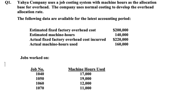 Q1. Yahya Company uses a job costing system with machine hours as the allocation base for overhead. The company uses normal c