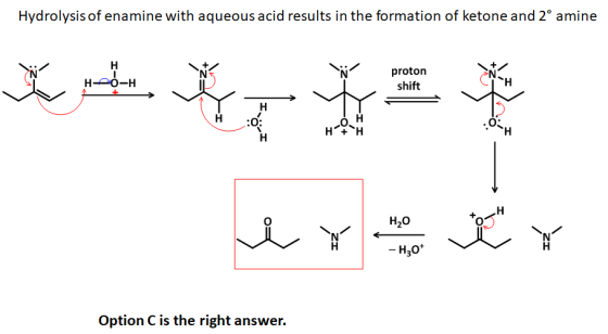 Hydrolysis of enamine with aqueous acid results in the formation of ketone and 2º amine H70-H proton shift H + H 山三菱 erer HO