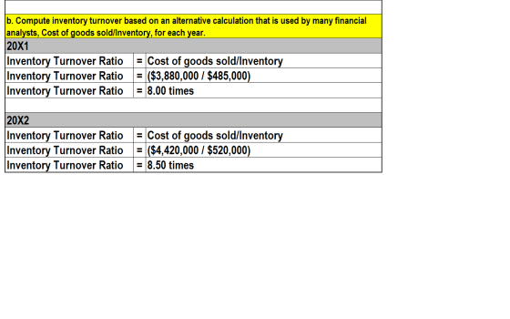 b. Compute inventory turnover based on an alternative calculation that is used by many financial analysts, Cost of goods sold